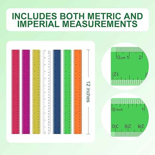7 Pack 12 Inch Rulers, 30 cm Transparent Rulers, Assorted Color Clear Plastic Rulers with Inches and Centimeters, for Kids School Home and Office Supplies
