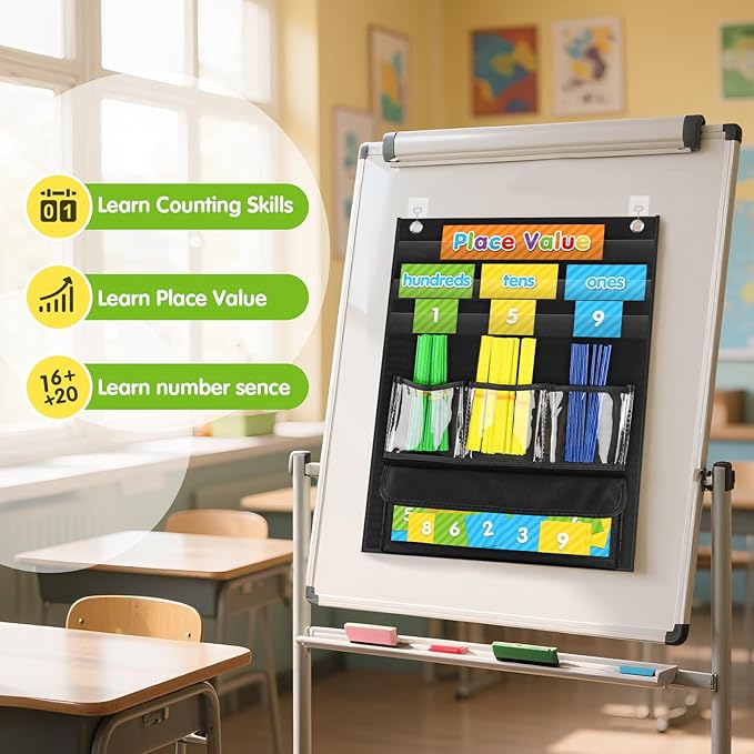 Counting Caddie and Place Value Pocket Chart for Kindergarten Preschool Homeschooling Classroom,210 Straws & 30 Number Cards & Header Cards Included (Black)