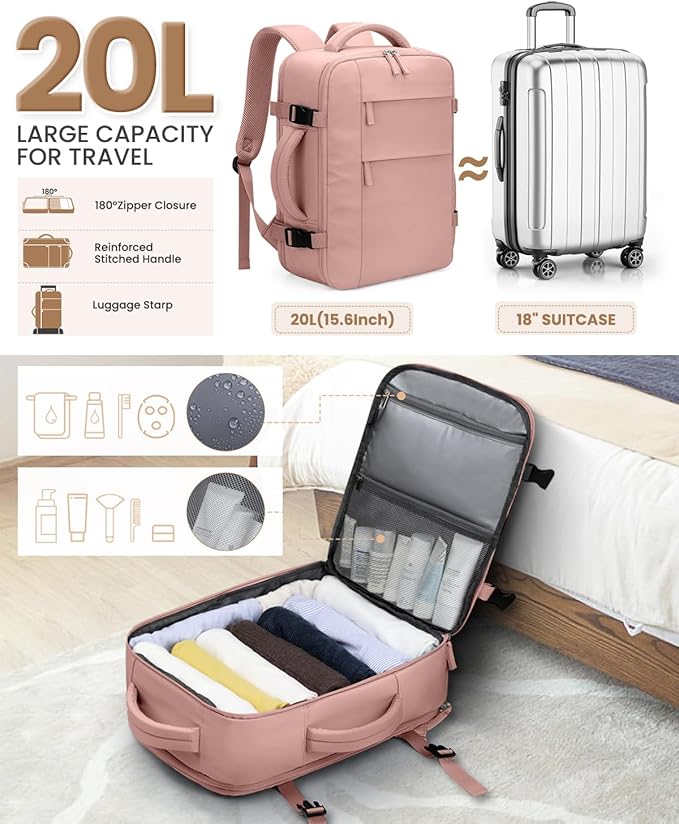 Pritent Travel Backpack for Women Man, Waterproof Personal Item Travel Bag Airline Approved Laptop Backpack Bookbag Weekender bags for Business,Travel, Work Fits 15.6 inch Laptop(Medium,Pink)