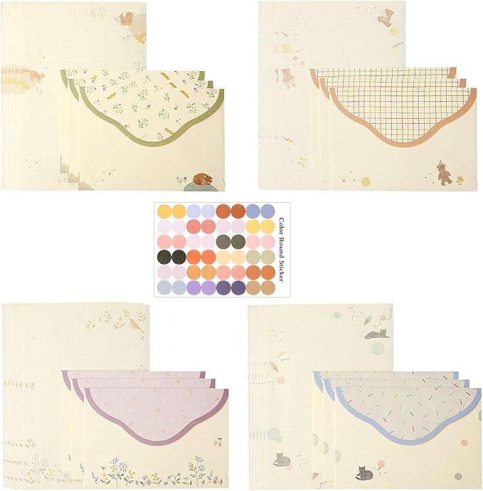37 Pcs Stationery Paper Envelopes Set Includes 24 Lined Writing Paper & 12 Envelopes with 48 Round Stickers, Cute Bear Flower Cat Letter Writing and Stationery Paper Envelopes(4Style)