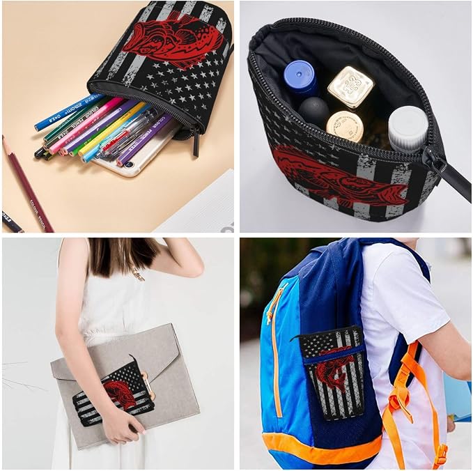 Fishing American flag Standing Pencil Case Cute Telescopic Stationary Pouch with Zipper Large Capacity Stand up Pen Bag Portable Makeup Holder for School Office Supplies