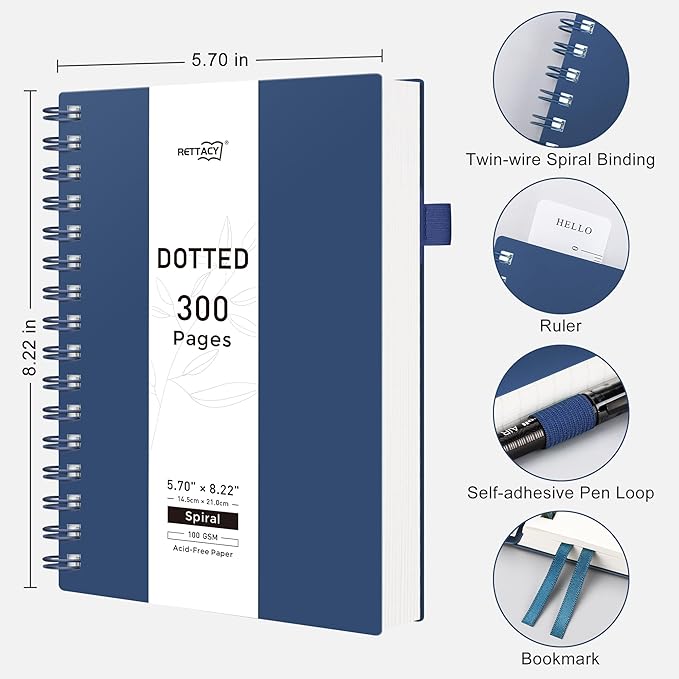 RETTACY Dotted Journal Notebook, 300 Pages, A5 Medium Size (5.7'' × 8.2''), 100 GSM Thick Paper, Flexible Plastic Cover, Spiral-bound, for Journaling, Planning, Tracking (Navy Blue)