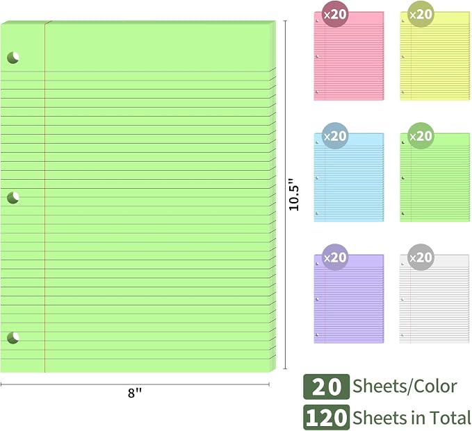 120Sheets College Ruled Lined Loose Leaf Paper, 6-Color Filler Binder Paper