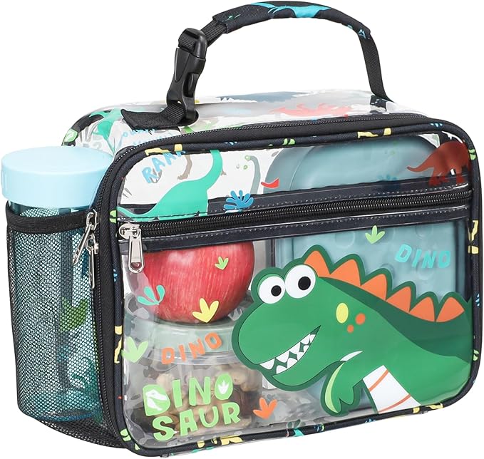Bagseri Clear Kids Lunch Bags - Boys Lunch Box for School Reusable Snack Bag with Water Bottle Holder Stadium Approved Clear Bag, Black Cute Dinosaur