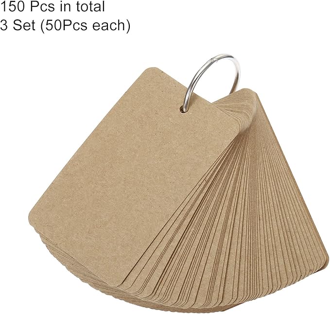 PATIKIL Blank Index Cards with Ring, 150Pcs Blank Flash Card 3.5" x 2" Note Card Study Card for Memory Learning Studying Office Supplies, Brown