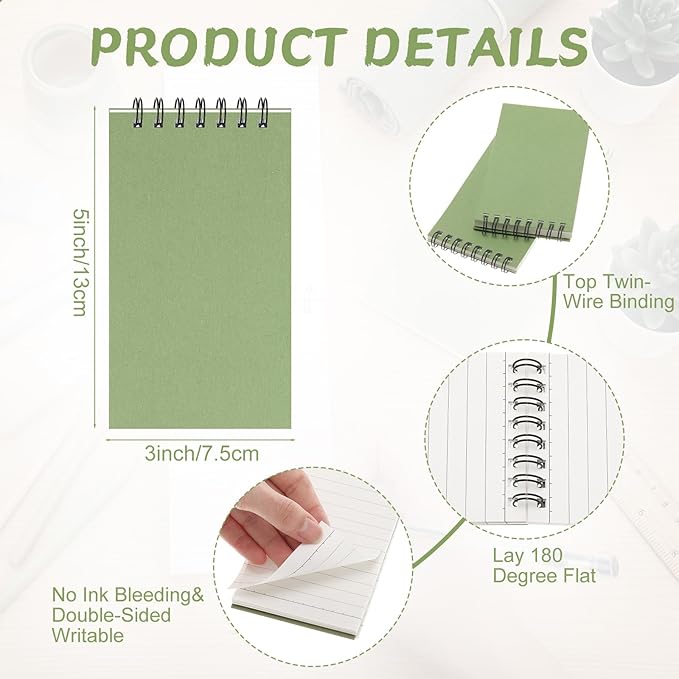 Tenceur 2 Pcs Eucalyptus Green Pocket Notebook Small 3x5 Inch Top Spiral Notepads Bound Notebook with Lined 120 Pages Mini Memo Pads for Office College Nurse Essentials Back to School Gift