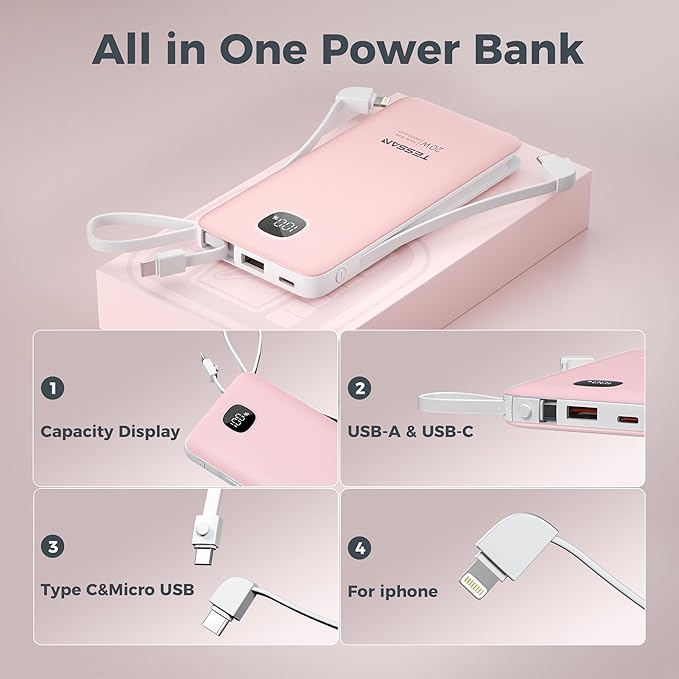 Portable Charger with Built in Cables,TESSAN 10000mAh Power Bank Fast Charging with Foldable Wall Plug Charger, PD20W Compact Battery Pack Travel Essentials for iPhone 17/16/15 Series,Samsung,Tablets