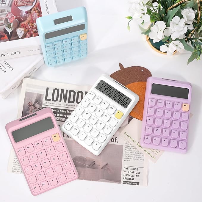 Cute Calculator, Calculators Desktop, White Calculator Big Buttons, Solar and Battery Dual Power, 12-Digits Large LCD Display, Desk Calculators for Office Home School Basic Business (White)