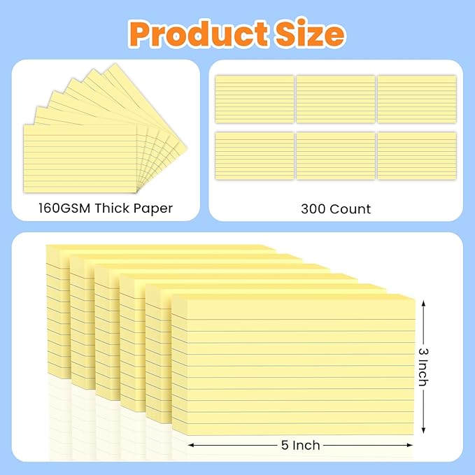 300PCS Index Cards 3 x 5 Inch, Yellow Flash Cards, Lined Flashcards Notecards, Flash Cards for Studying, Ruled Front and Blank Back, Note Cards for Office, Home and School
