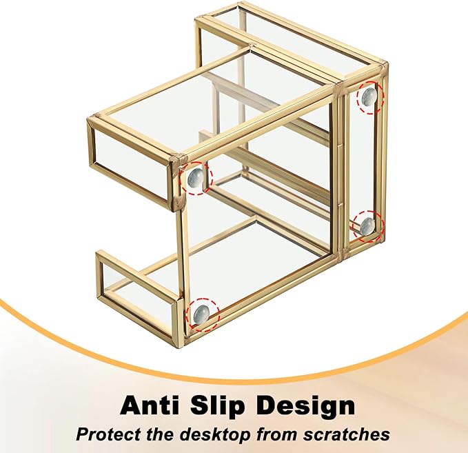 BTSKY Golden Glass 3x3 Inch Sticky Note Holder with Pen Slot, Elegant Post It Note Dispenser with Non-Slip Pads Clear Notepad Holder for Desk Organization Planning, Home Office Decor