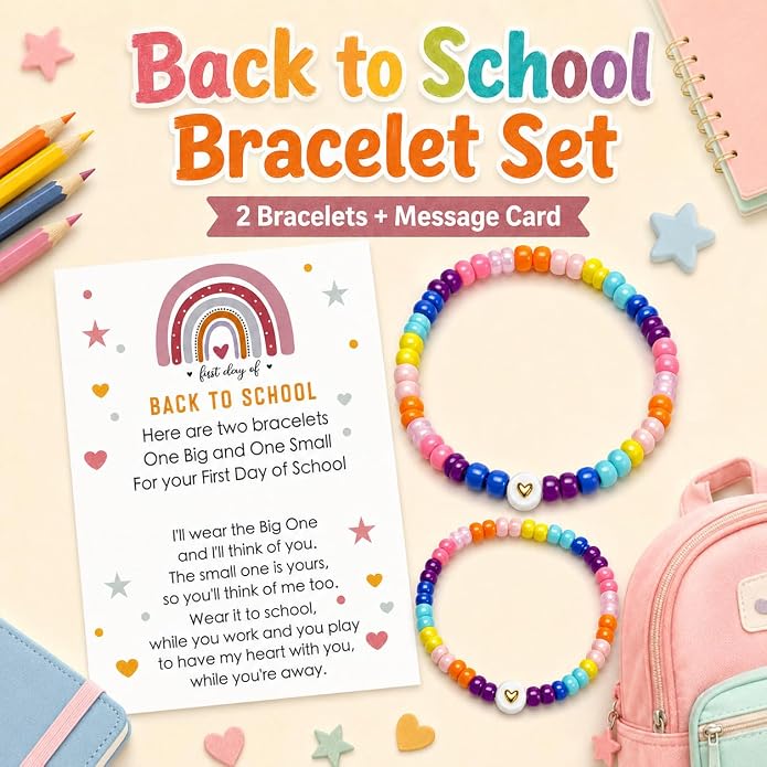Back to School Bracelets Heart Matching Mommy and Me Elastic Wish Strings Bead Bracelets First Day of School Supplies Gifts