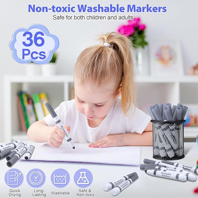 36 Pcs Gray Washable Markers Bulk Coloring Broad Line Markers for Gray Conical Tip Drawing Pen for Christmas, Supplies, Travel Art Shower Gender Reveal Party Supplies, Ages 6+