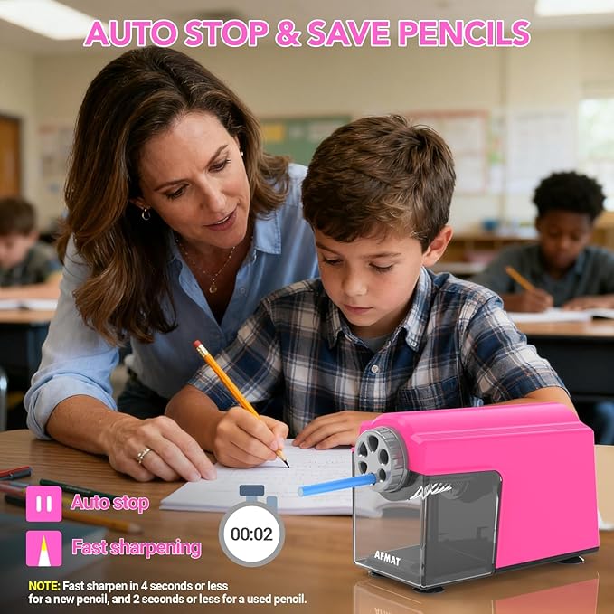 AFMAT Electric Pencil Sharpener for Classroom, 6 Holes, Cordless & Rechargeable, Super Fast, Auto Stop, 10K+ Uses, Heavy Duty Pencil Sharpener for 6-11mm No.2/Large/Colored Pencils PSD4(Pink)