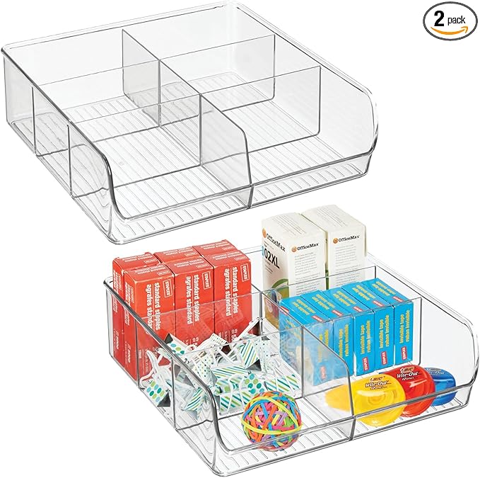 mDesign Plastic Home Office Wide Bin Organizer with 6 Compartments for Cabinets, Closets, Drawers, Desks, Tables, Workspace - Staple, Notepad, Paperclip Holder - Ligne Collection - 2 Pack - Clear