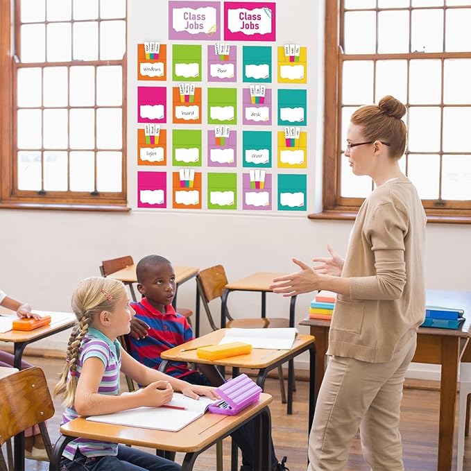 QOUBAI 112 Pcs Colorful Class Jobs Bulletin Board Set Rainbow Classroom Jobs Pocket Chart Bulk Boho Class Management Educational Chart Teacher's Helper Posters Classroom Decorations School Supplies