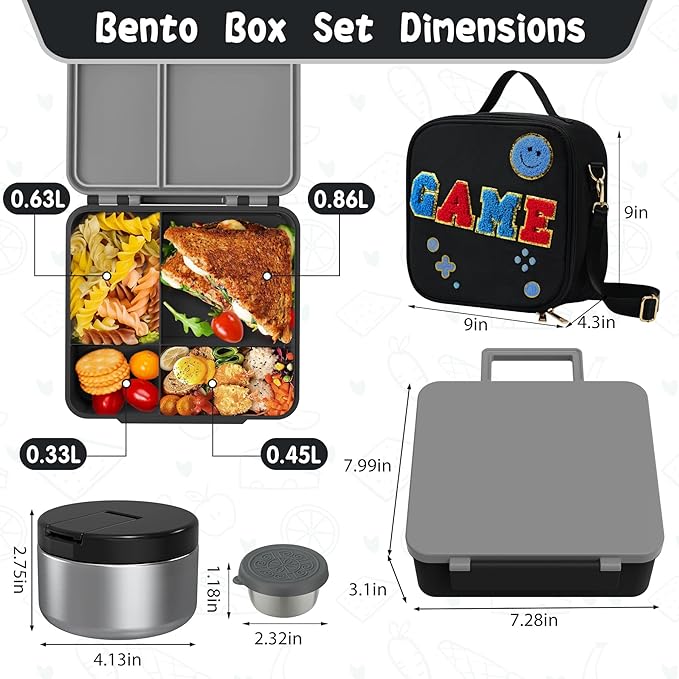 Aimsnk Kids Bento Lunch Box with 8oz Soup Thermo, Kids Leakproof Lunch Food Containers with 4 Compartment,Insulated Hot Food Jar with Lunch Bag for School, Travel (Black)