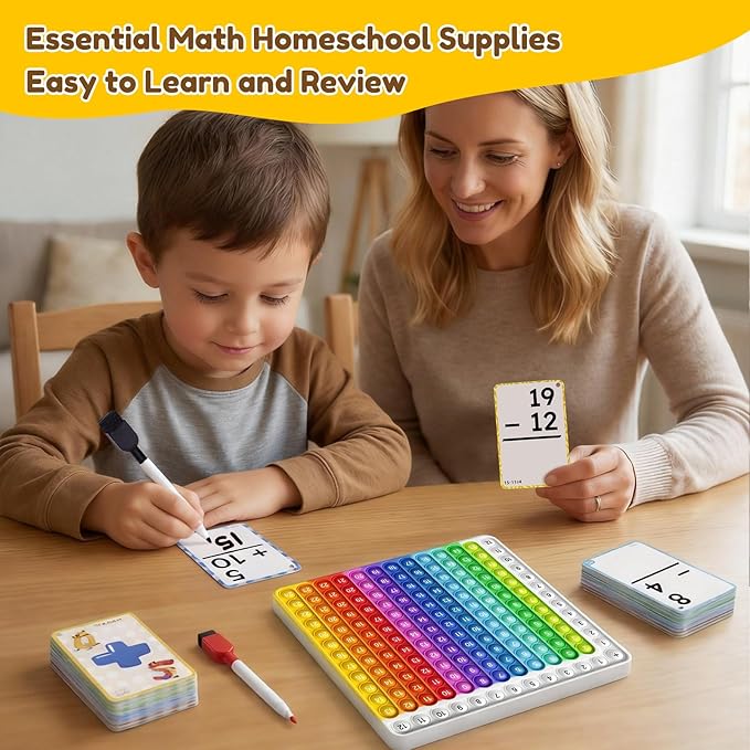 JoyCat Addition and Subtraction Flash Cards with Pop Math Board, 144 Math Flashcards for Kids Ages 4-8, Homeschool Kindergarten 1st 2nd Grade Math Manipulatives with Workbook, Markers, Rings & Bag