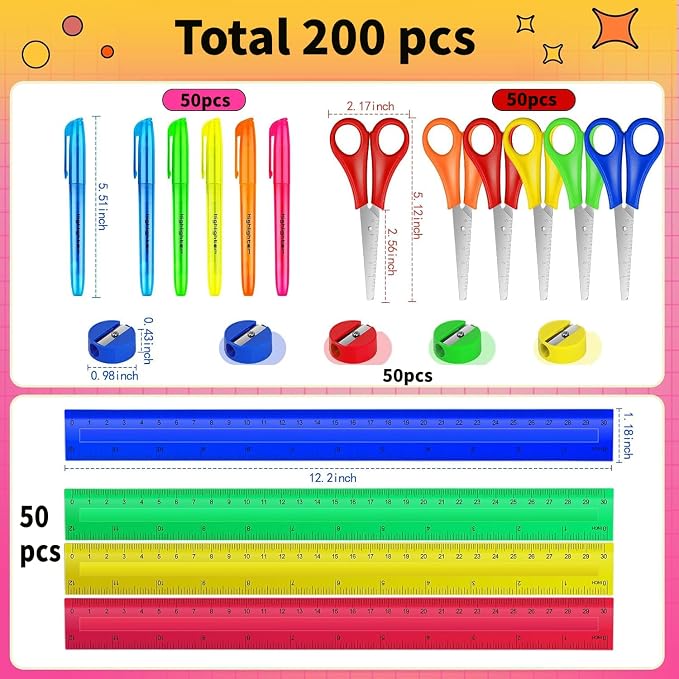 200 Pcs Back to School Supplies Kit Include 50 Student Scissors 50 12 Inch Plastic Rulers 50 Pencil Sharpeners 50 Highlighters for School Classroom Home Charity Donation Supplies (200)