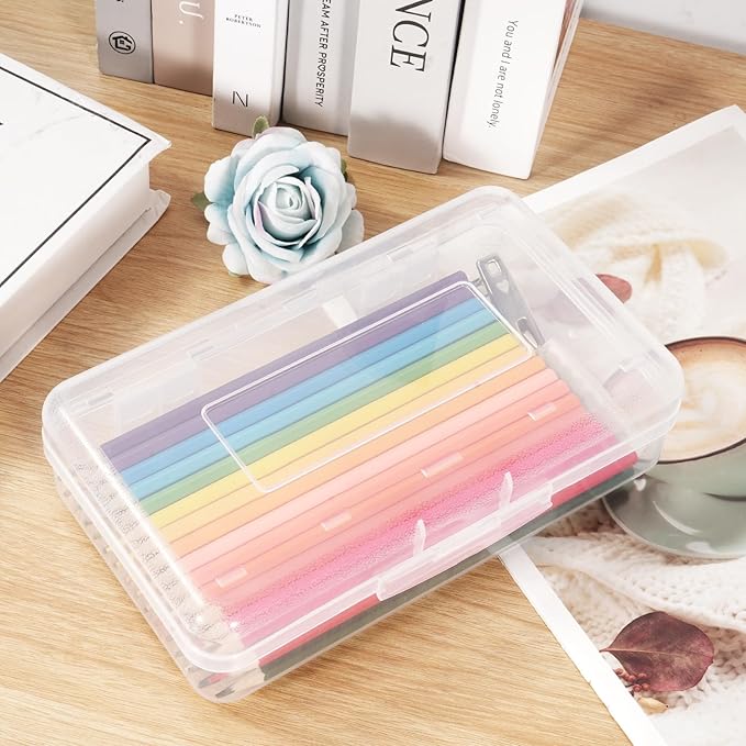 Colored Plastic Pencil Box, Large Capacity Pencil Case, Pencil Boxs for Kids Adults, Hard Crayon Box Storage with Snap-Tight Lid for School Office Supplies (Clear)