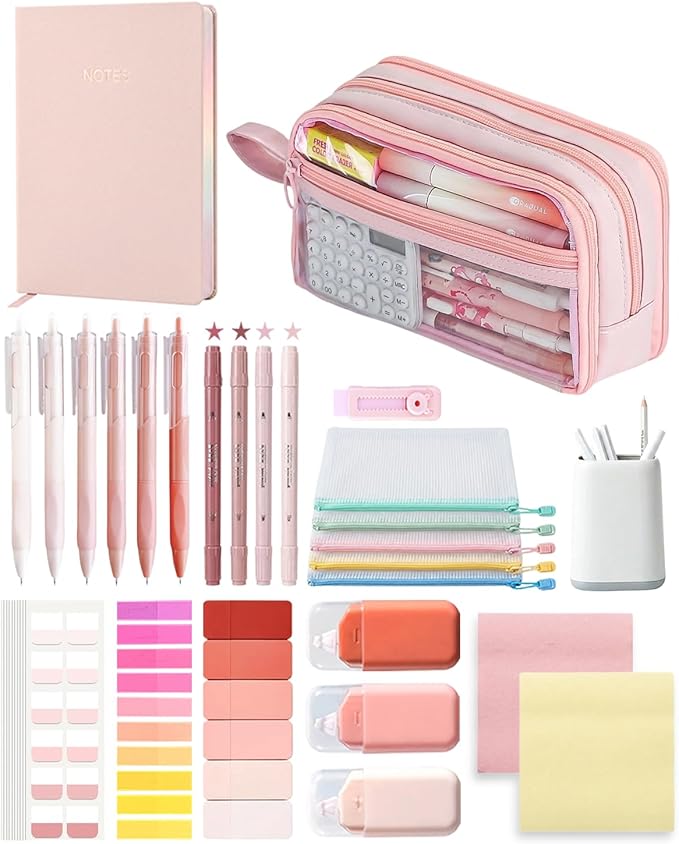 41Pcs Aesthetic Pink Office Supplies Set, All-in-One 5 Compartments Desk Organizer Kit with Large Capacity Pen Pouch, A5 Notebook for Women & Journaling (pink)