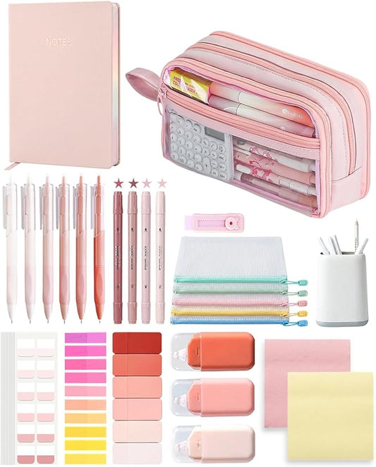 41Pcs Aesthetic Pink Office Supplies Set, All-in-One 5 Compartments Desk Organizer Kit with Large Capacity Pen Pouch, A5 Notebook for Women & Journaling (pink)