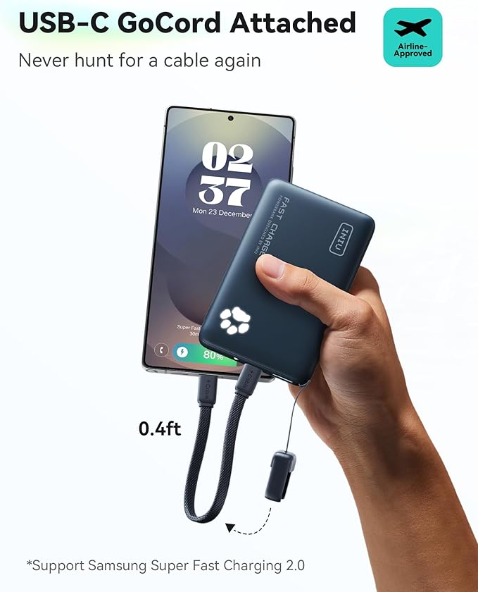 INIU 45W Fast Charging Portable Charger, 40% Smaller 10000mAh with Detachable Cable, Flight-Safe Travel Power Bank, USB C External Phone Battery Pack for Business, School, Dorm, College Student, Blue