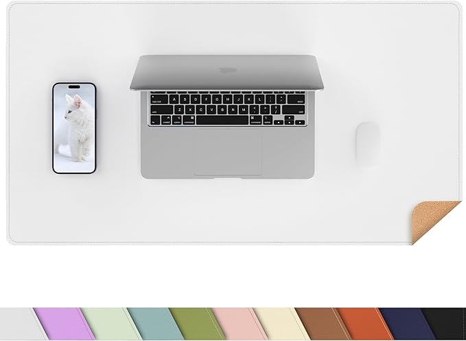 AFIING Cork Desk Mat 31.5" x 17", Waterproof Dual-Sided Cork & PU Leather Desk Pad, Non-Slip Desk Protector for Home Office, Workspace Setup & Gaming (White)