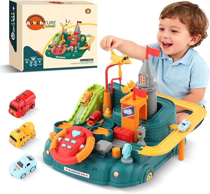 2026 Upgraded Car Adventure Toy for 3 4 5 6 Year Old Boys Girls, Race Track Toy with Steering Wheel & Sound, Montessori STEM Toys for Toddlers, Fine Motor Skills Birthday Gift for 3-5 Year Old Kids