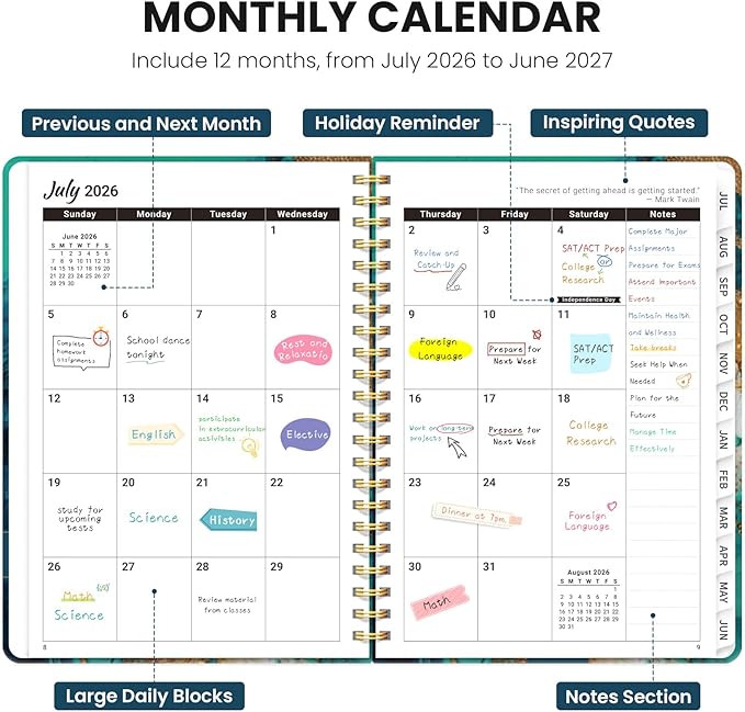 Planner 2026-2027, Monthly and Weekly Academic Planner July 2026 - June 2027, Hardcover Student Teacher Planning Agenda Calendar Book with Tabs, Perfect for Office School Supplies, A5 (6.3" x 8.5") - Emerald Shores