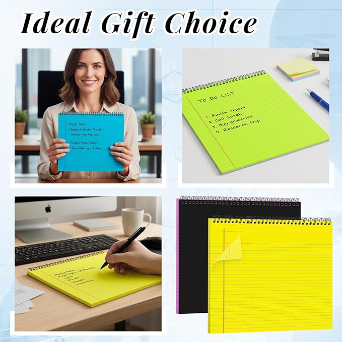 MotiMind 4 Pcs Legal Pads Landscape Notebooks Hole Punched Top Spiral Bound Notebooks 11 x 9.5 Inch College Ruled Drawing Notepad Tear Line for Removal 50 Sheet Office Steno Book(Neon)