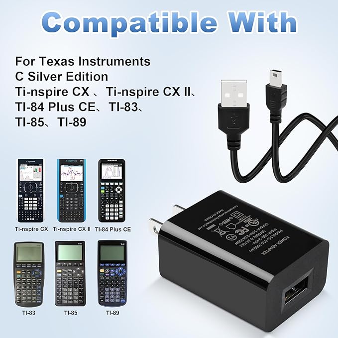 TI 84 Plus CE Charger with Cable: TI-84 Nspire Charging Cable - TI84 Graphing Calculator Charge Cord for Texas Instruments C Silver Edition Ti-nspire CX CAS II C TI-83 TI-85 TI-89 Charger (5ft)