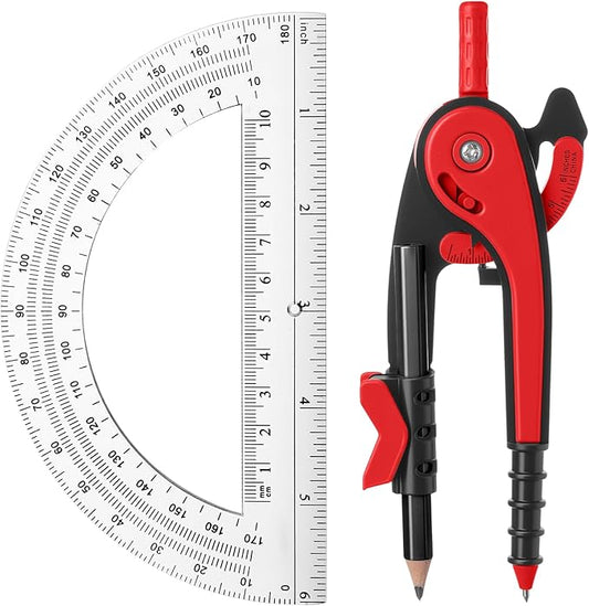 EBOOT Student Geometry Math Set, Drawing Compass and 6 Inch Clear Swing Arm Protractors 180 Degree Math Protractor(Red)