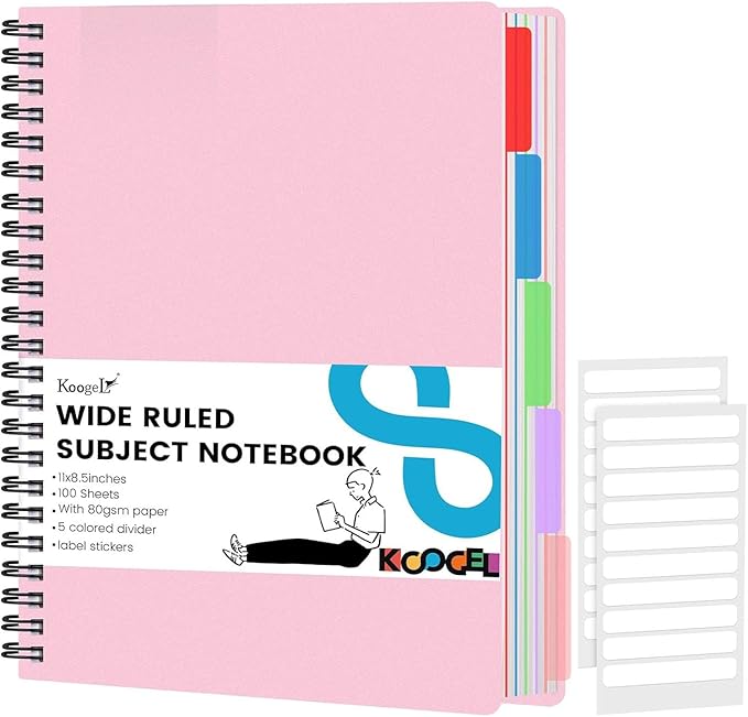 Koogel 5Subject Spiral Notebook with Tabs, Spiral Notebook Wide Ruled, Pink