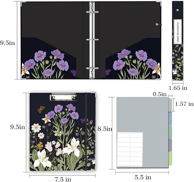 Mini Binder 3 Ring 1 Inch for 5.5"x8.5" Paper, Cute Small Three Ring Binders with Clipboard, 5-Tab Dividers, Spine ID Label Holder, BVSSX A5 Binder with Pen Holder, Black Weeds