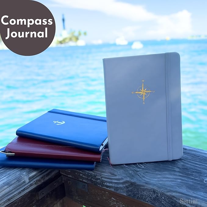 SETTINI Lined Journal, Ideal for Journaling - A5 Vegan Leather Notebook, 192 Archival-Quality Pages, QuillEase Bleed-Free Paper, Inner Pocket & Bookmark - Father Day Gift, Grey Compass
