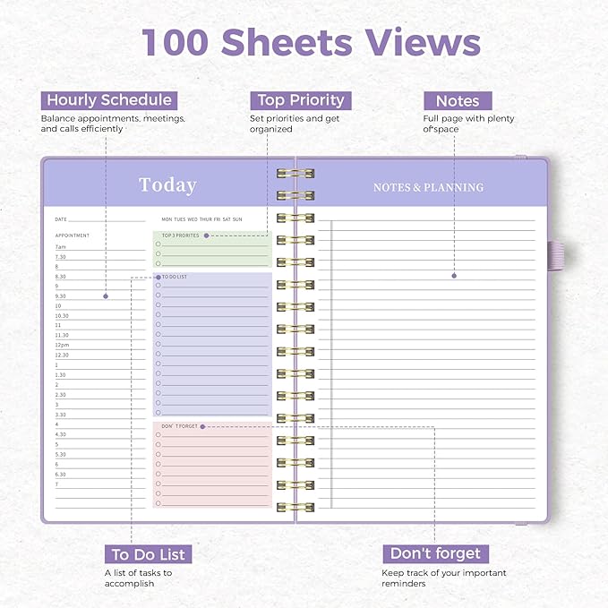 Oucaru Undated Daily Planner, 8.5"x11", A4 Size Spiral Notebook with Hourly Schedule, To Do List, Priorities, and Notes for Productivity - Easily Organize Your Tasks, Appointments & Goals for Women