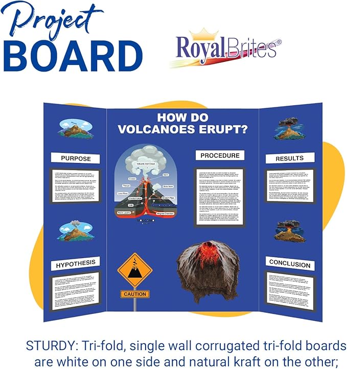 Royal Brites 1-Ply Corrugated Tri-fold Project Display Board 36" x 48", Exhibition, Presentation, & Science Fair Display Boards, Lightweight Tri-Fold Board with Smooth Surface, Blue/Kraft, Pack of 12
