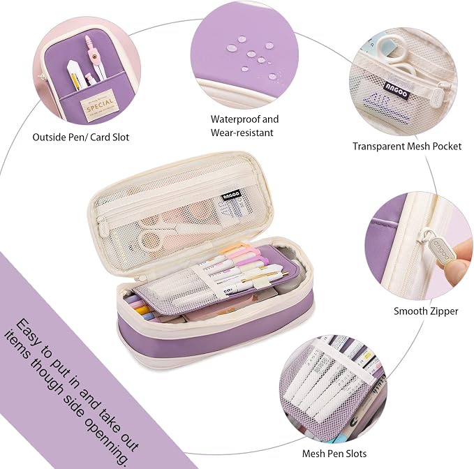 MAMUNU Expandable Pencil case with compartments, Large Capacity Pencil Cases Pencil Bag Pouch Adults, Portable Pencil Case Large School Stationery Organizer, Makeup Cosmetic Bag, Purple