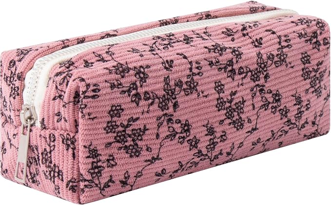 Corduroy Pencil Case for Girls Kids Large Capacity Aesthetic Pen Pouch Makeup Bag Cosmetic Organizer Cute Stationery Storage Bag for School Office Travel Minimalist Pencil Box (Floral-C)