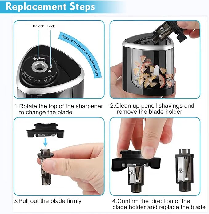 Aogwat Electric Pencil Sharpener Blade, Suitable for No.2/Colored Pencils(6-8mm)/School Pencil Sharpener/Classroom/Office/Home 4Pcs/Set（Black）
