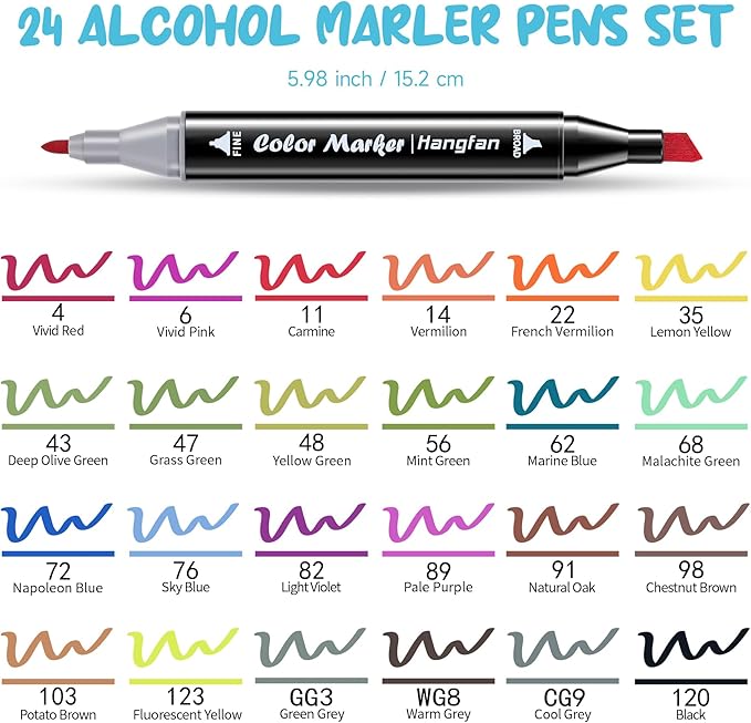 24 Colors Alcohol Markers, Dual Tip Art Markers, Perfect for Beginner, Drawing, Sketching, Illustration