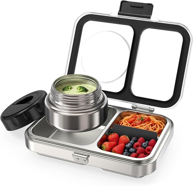 HOMEKOL Stainless Steel Bento Lunch Box + 9.5oz Insulated Food Jar, Black | 2-Compartment Leak-Proof Container for Kids & Adults, BPA/BPS-Free, 18/8 Metal, Dishwasher Safe, Clear Tritan Lid