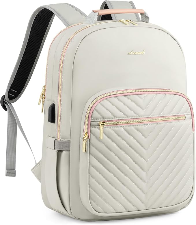 LOVEVOOK Laptop Backpack for Women, Travel Computer Work Bags with 17-inch Laptop Compartment, College School Student Bag Teen Backpacks For Girls, Outdoor Carry On Backpack Purse, Grey Pink