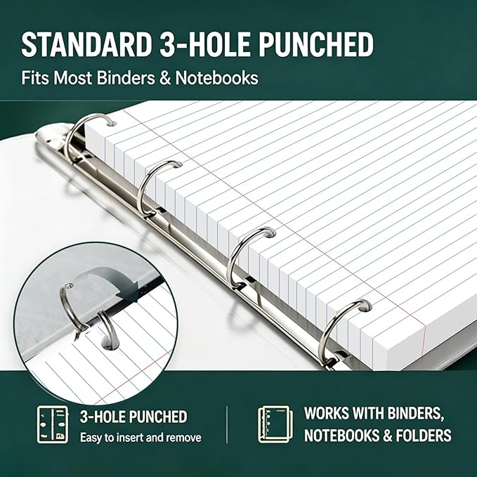 Loose Leaf Paper, 75 Sheets Notebook Lined Pads, 8 x 10.5 College Ruled Filler Paper, 3-Hole Punched Binder Paper for 3-Ring Binders, Double-Side Printed Note Pads for Home, Office, School, 1 Pack