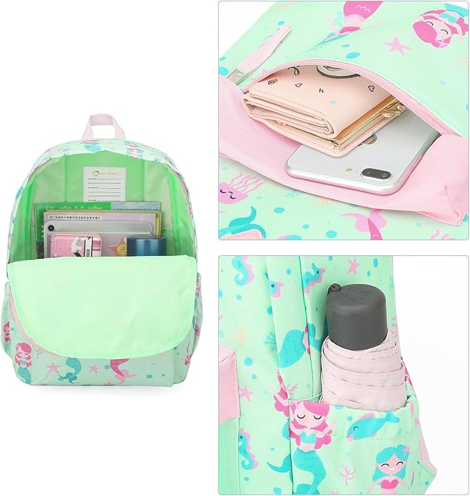 KK CRAFTS Preschool Backpack Kindergarten Little Kids Toddler Elementary School Backpacks for Boys and Girls with Chest Strap(15Inch, Green Mermaid)