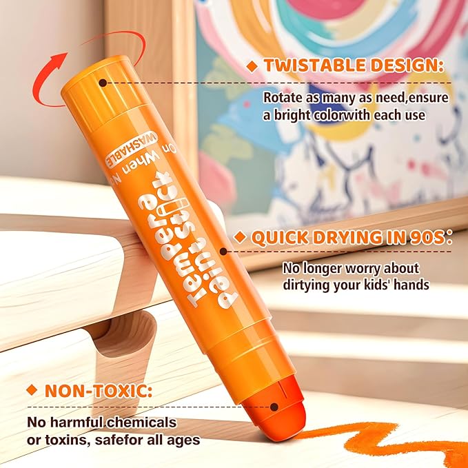 Ellinjan Tempera Paint Sticks For Kids, 24 Colors, Washable & Quick-Drying Twistable Solid Paint, Mess-Free Art Supplies for Drawing & Painting, Ideal Toddler Arts and Crafts Gifts