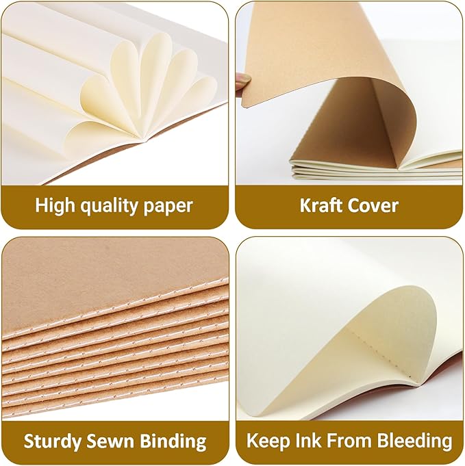 zmybcpack 12 Pack Kraft Notebooks Journal Bulk, Blank Sketch Notebooks for Travelers, Students, Office - Composition Notebook Subject Notebooks- A5 Size, 8.26”x5.5”, 64 Blank Pages/32 Sheets
