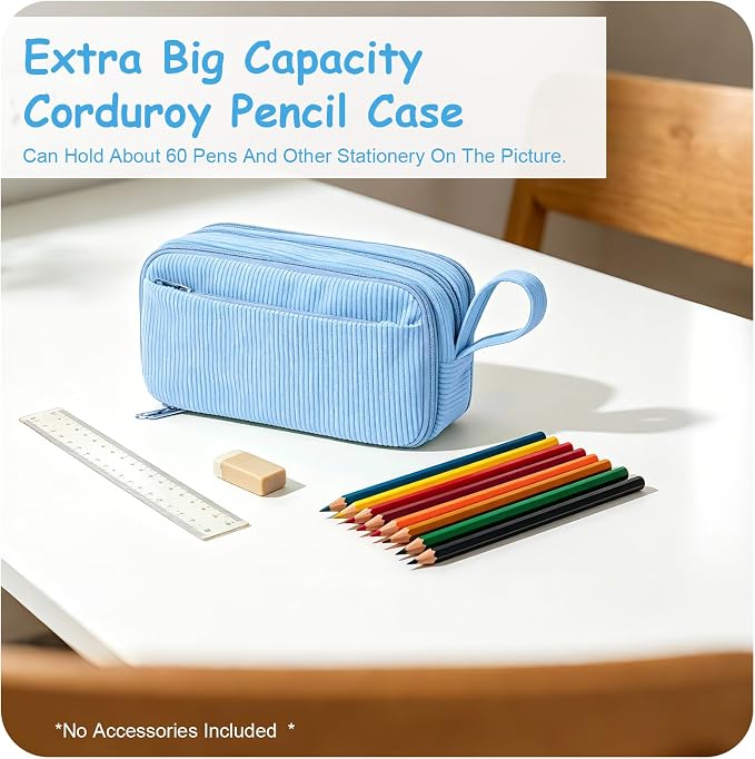 BuyCard Blue Large Capacity Corduroy Pencil Case, Casual Style, Zipper Pouch Organizer for Teen Girls, Boys, Women and Men