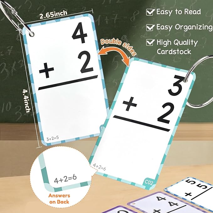 JoyCat Addition and Subtraction Flash Cards with Pop Math Board, 144 Math Flashcards for Kids Ages 4-8, Homeschool Kindergarten 1st 2nd Grade Math Manipulatives with Workbook, Markers, Rings & Bag