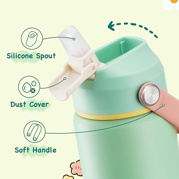 Kerilyn 12oz Water Bottle, Stainless Steel Insulated Water Bottle with Straws Leak-Proof, Water Cup Double Wall Vacuum, BPA Free, Grassy Green